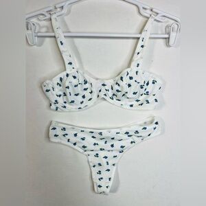 NWOT White and Blue Floral Ribbed Lingerie Bra and Thong Set